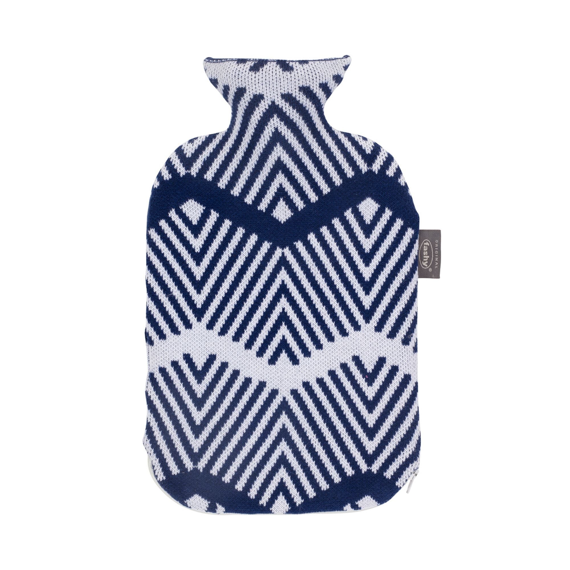 2 Litre Fashy Hot Water Bottle with Blue and White Chevron Knitted Cotton Cover
