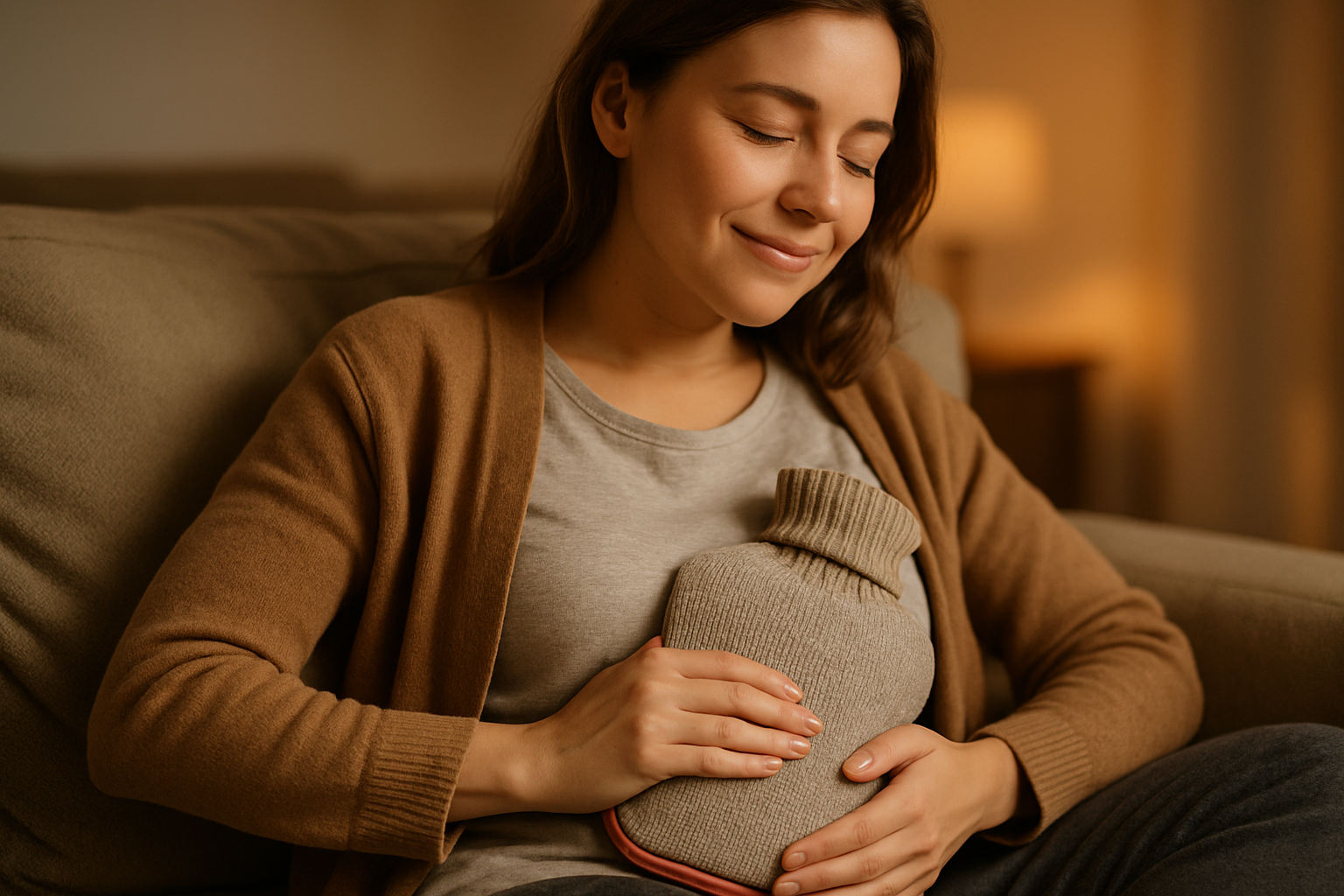 Hot water bottle being used for pain relief