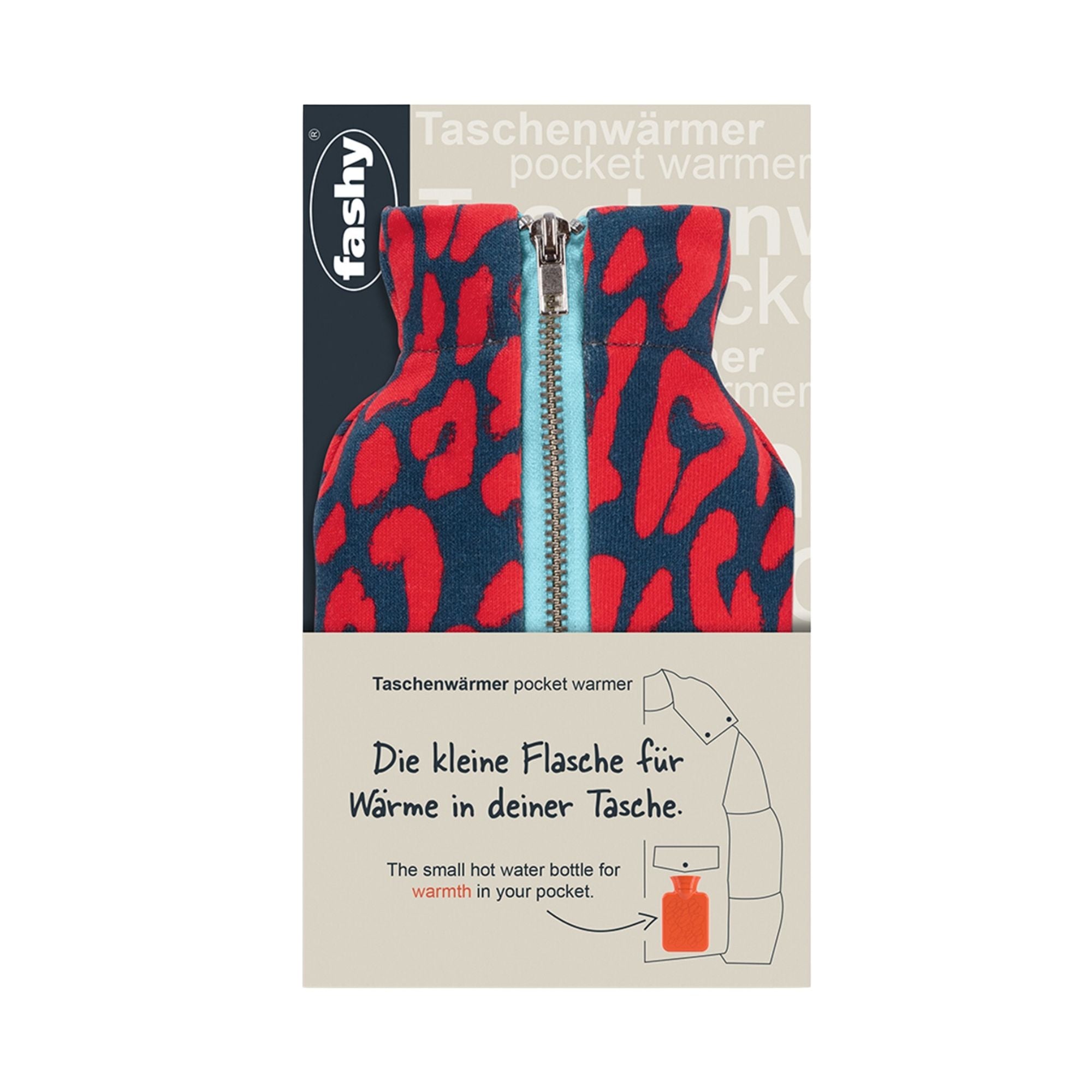0.3 Litre Mini Hot Water Bottle Pocket Warmer with Blue and Red Leo Pattern Zip Cover In Box