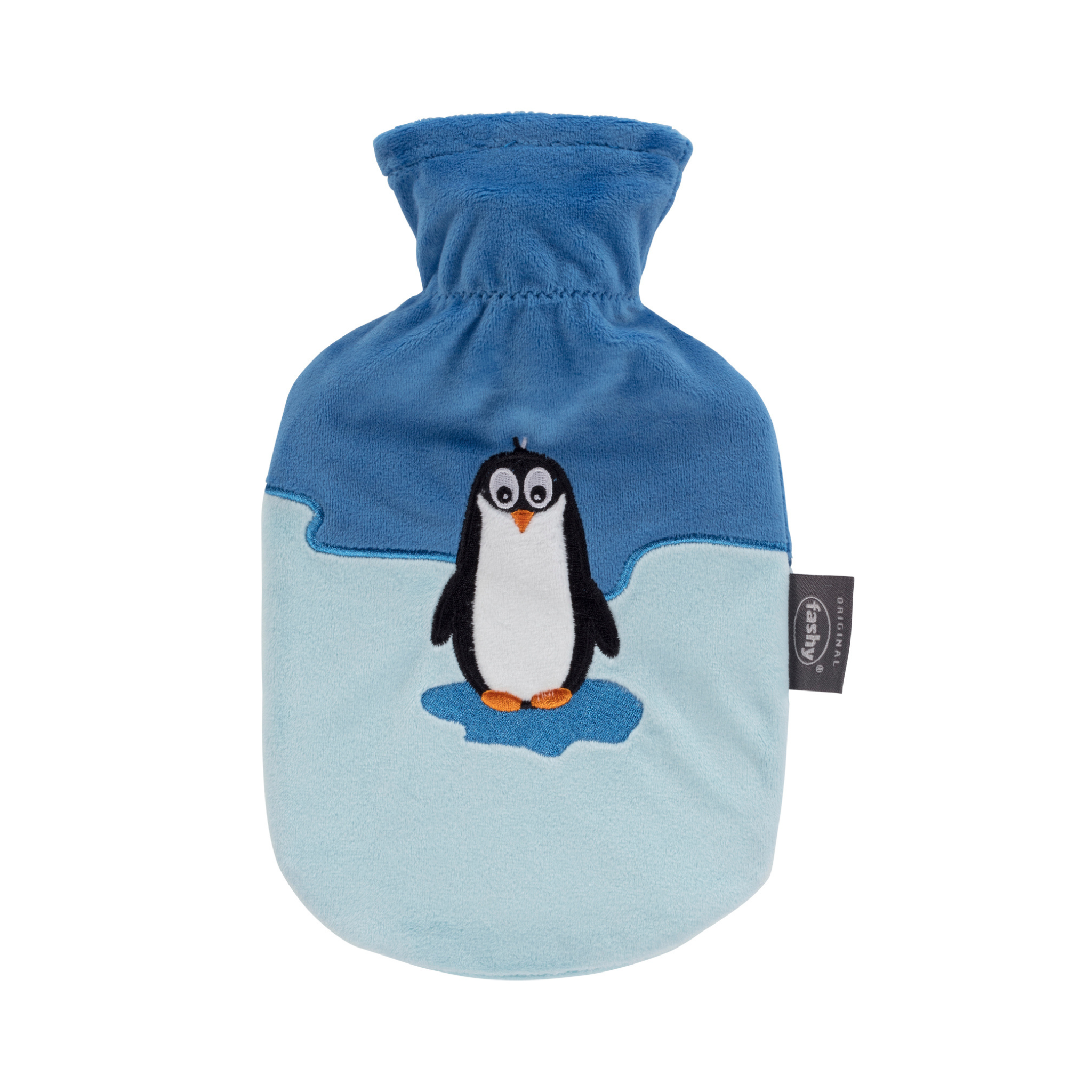 0.8 Litre Fashy Hot Water Bottle with Blue Penguin Plush Cover
