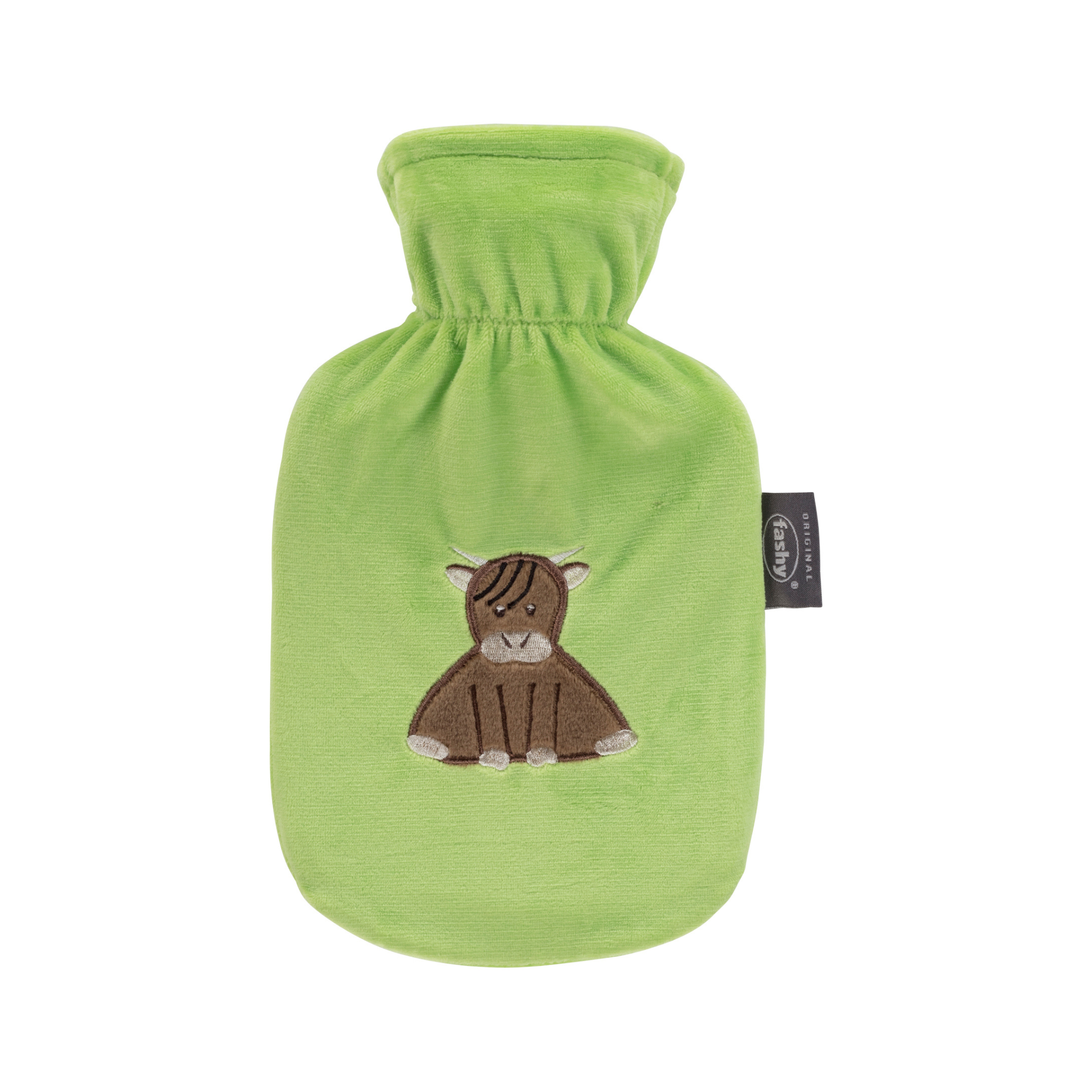 0.8 Litre Fashy Hot Water Bottle with Green Buffalo Plush Cover