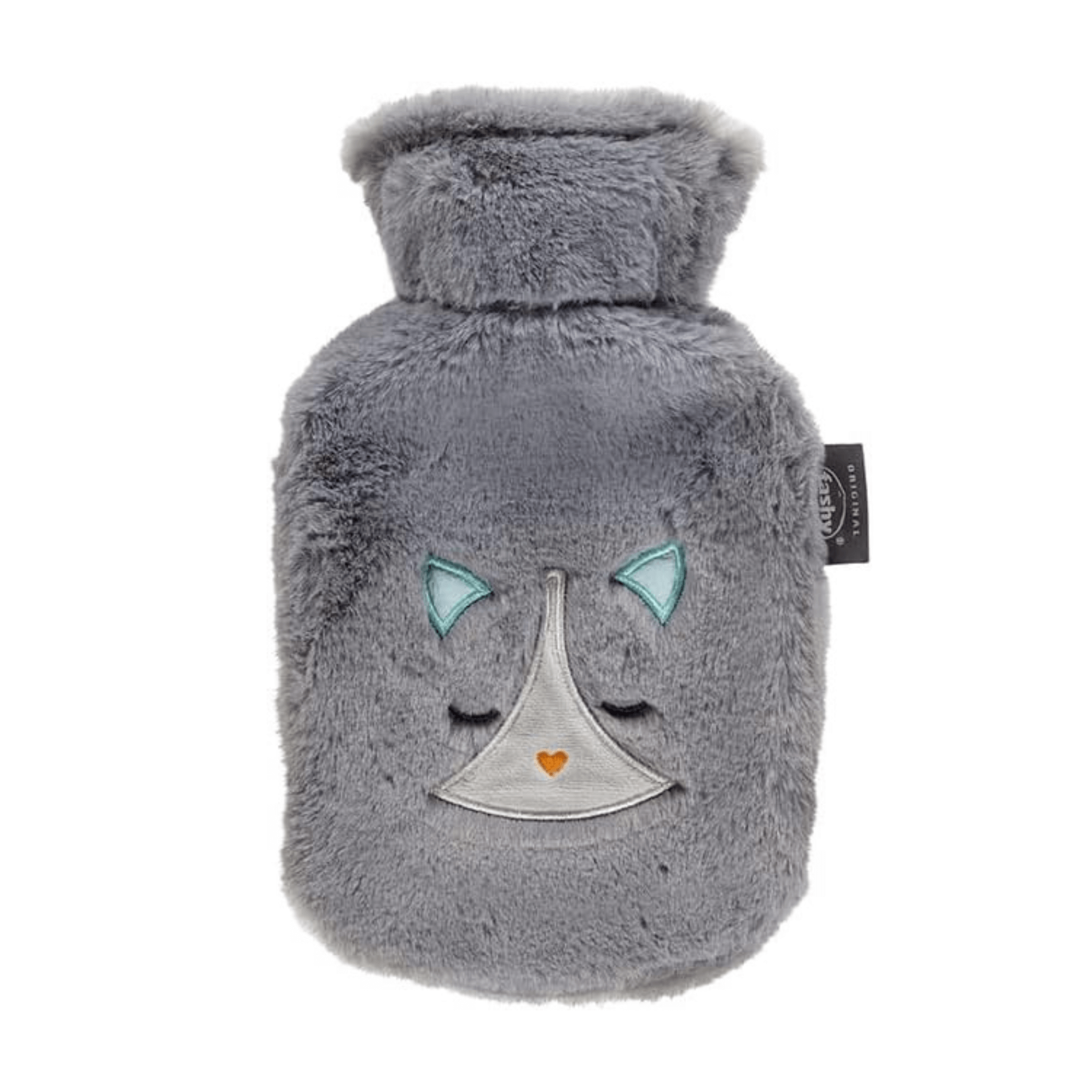 0.8 Litre Fashy Hot Water Bottle with Plush Grey Cat Cover
