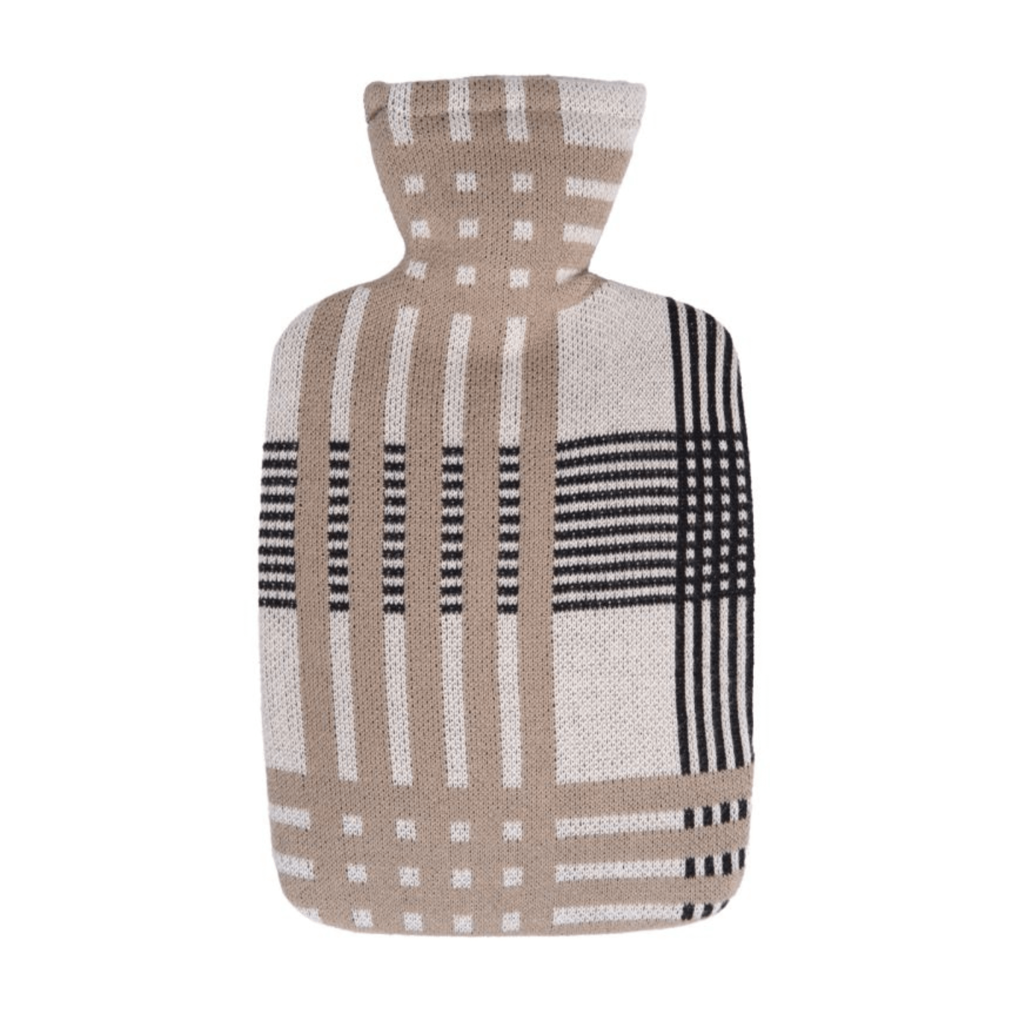 1.8 Litre Classic Plant Based Hot Water Bottle with Beige Check Knitted Organic Cotton Cover (rubberless)