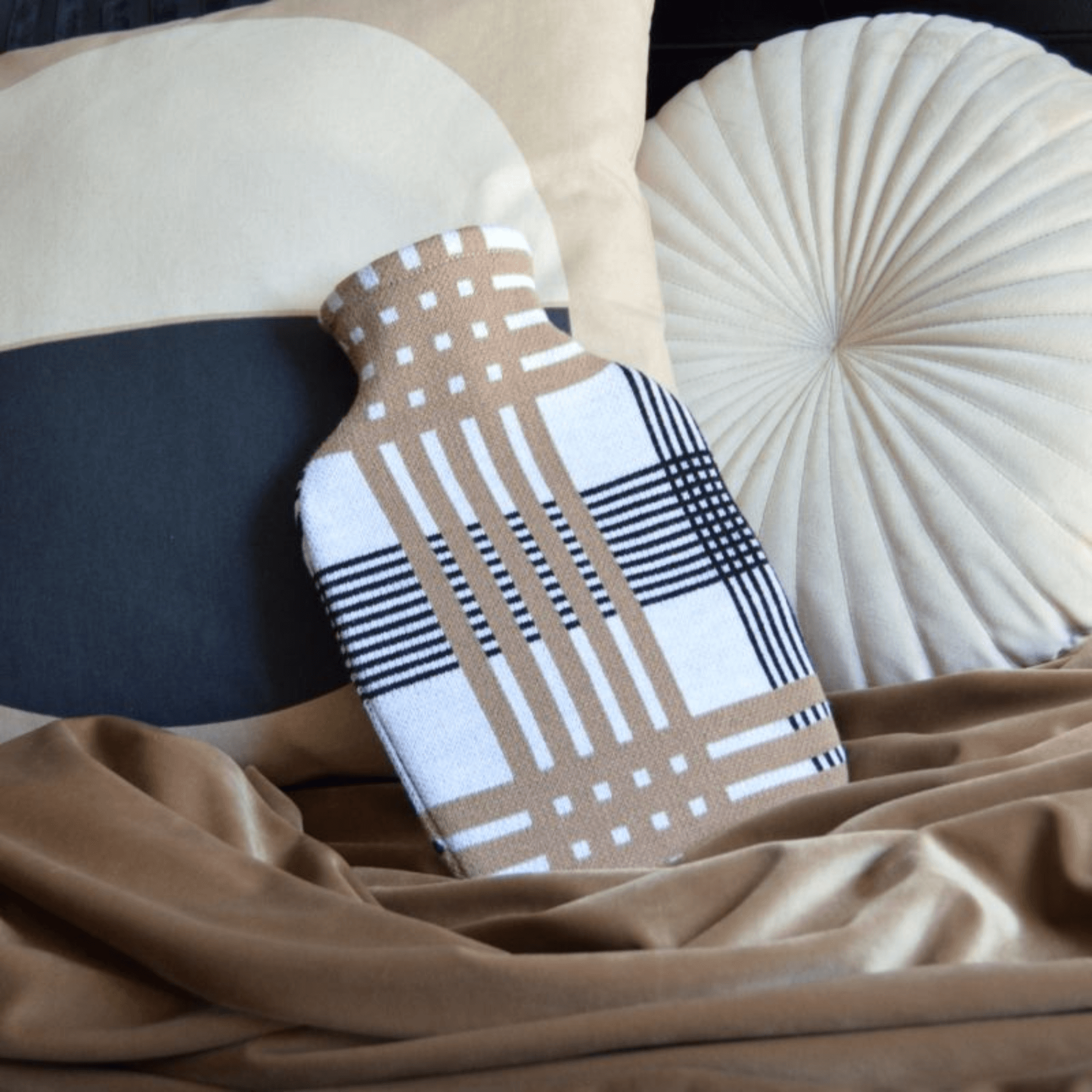 1.8 Litre Classic Plant Based Hot Water Bottle with Beige Check Knitted Organic Cotton Cover (rubberless)