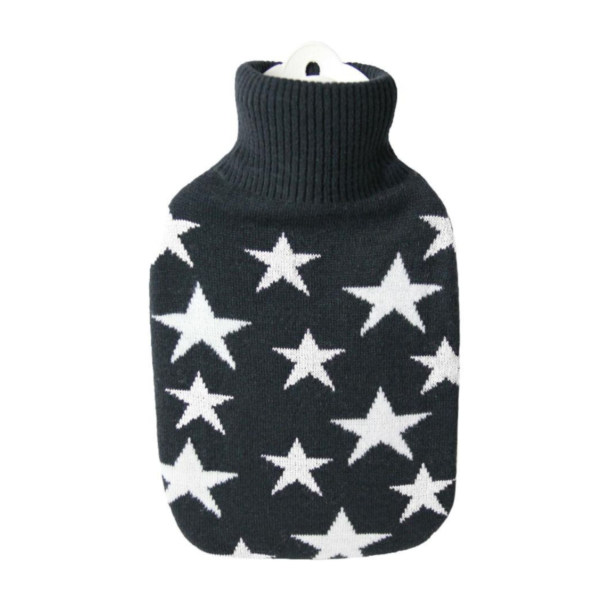 1.8 Litre Hot Water Bottle with Knitted Black with White Star Cover (rubberless)