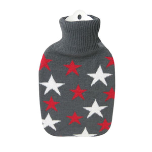 1.8 Litre Hot Water Bottle with Knitted Grey, Red and White Star Cover (rubberless)