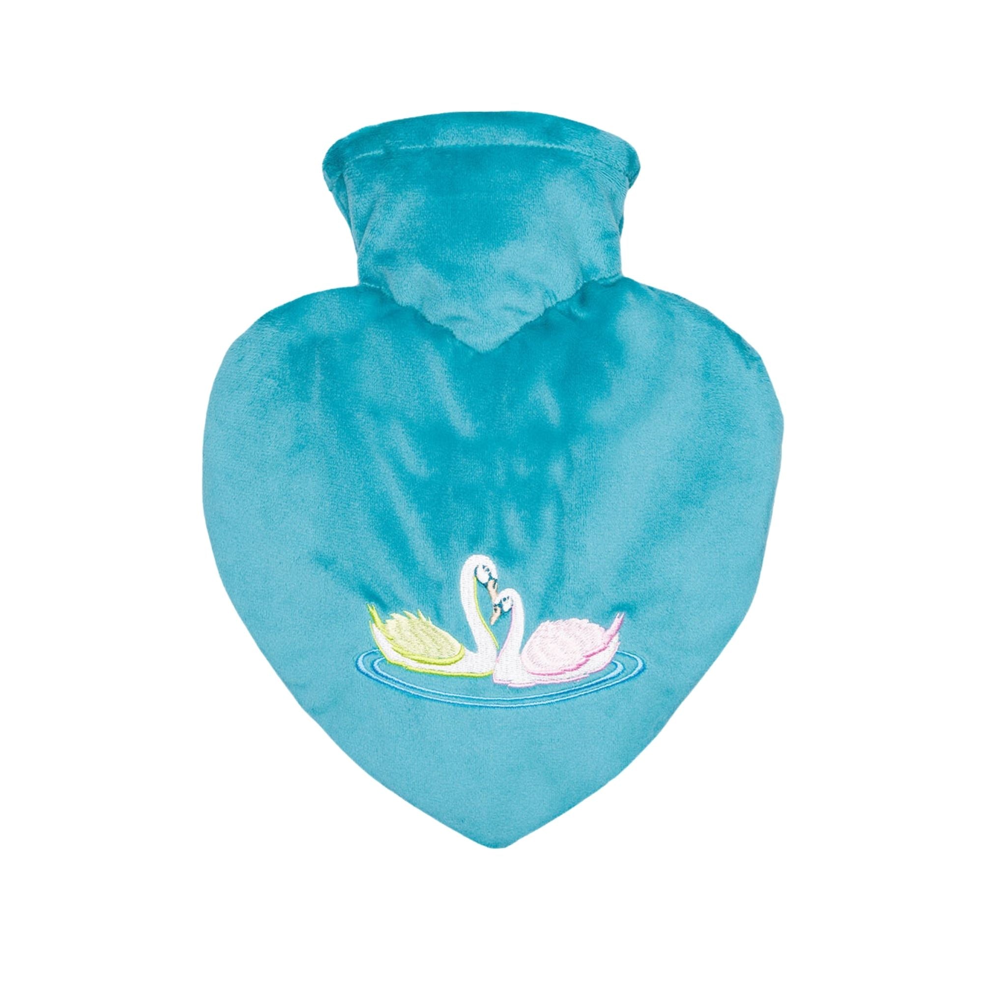 1 Litre Heart Shaped Hot Water Bottle with Velvet Swans Cover (rubberless)