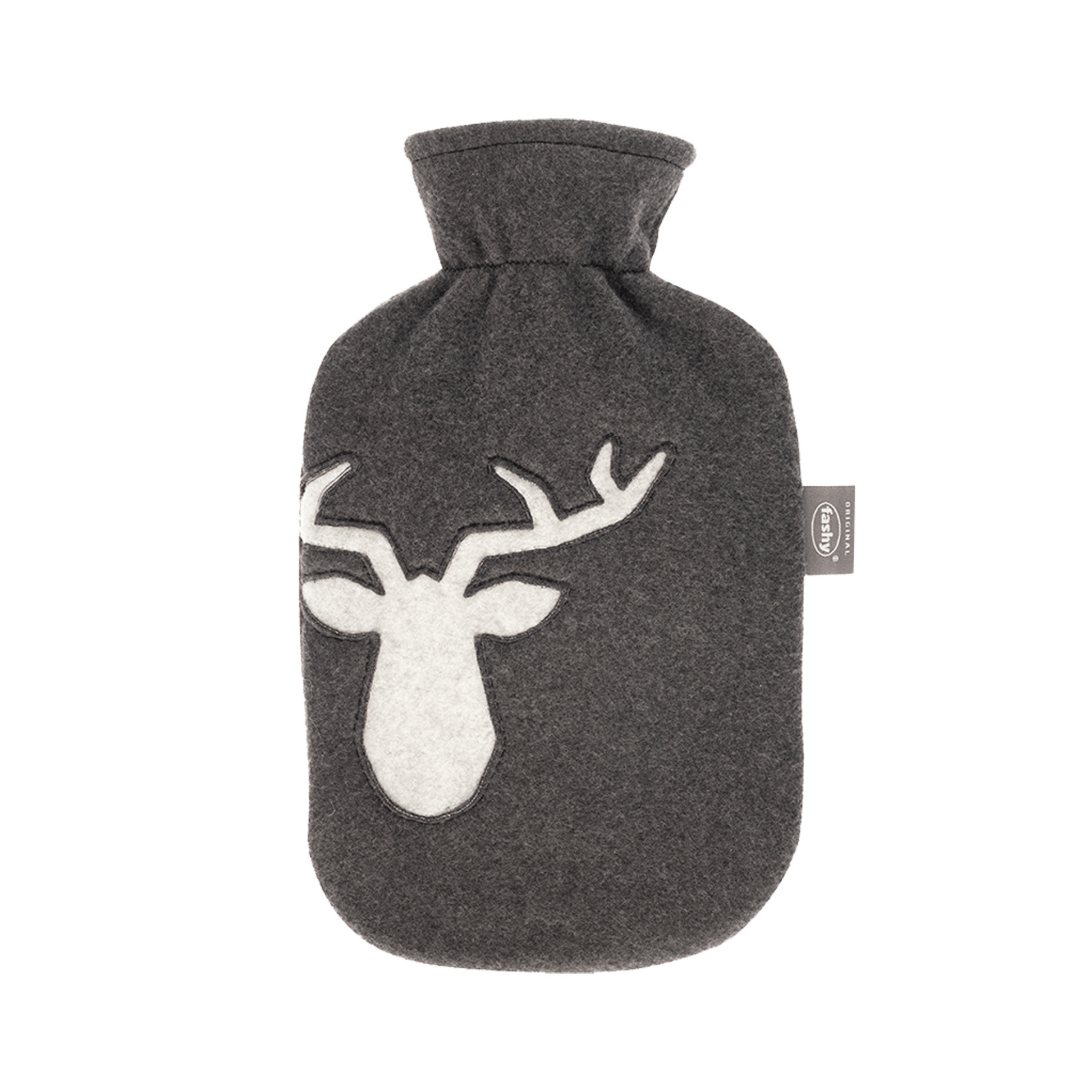 2 Litre Fashy Hot Water Bottle with Grey Stag Embroidered Fleece Cover