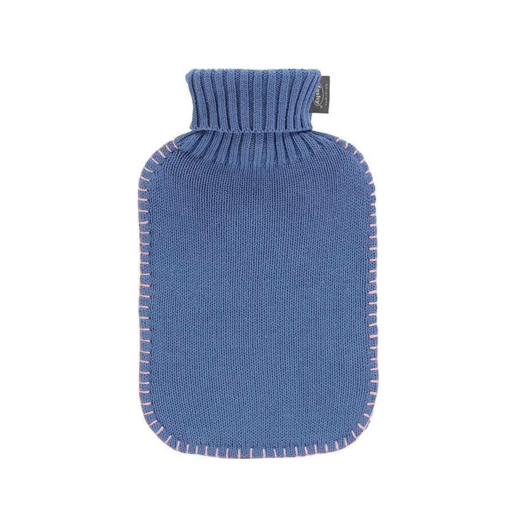 2 Litre Fashy Hot Water Bottle with Blue Knitted Stitched Seam Cotton Cover