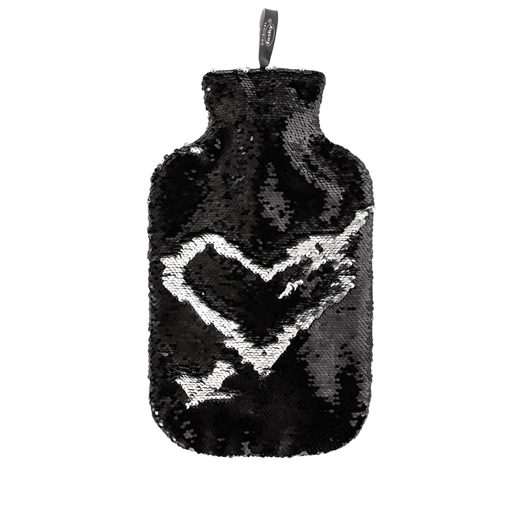 2 Litre Fashy Hot Water Bottle with Black Sequin Cover - Heart