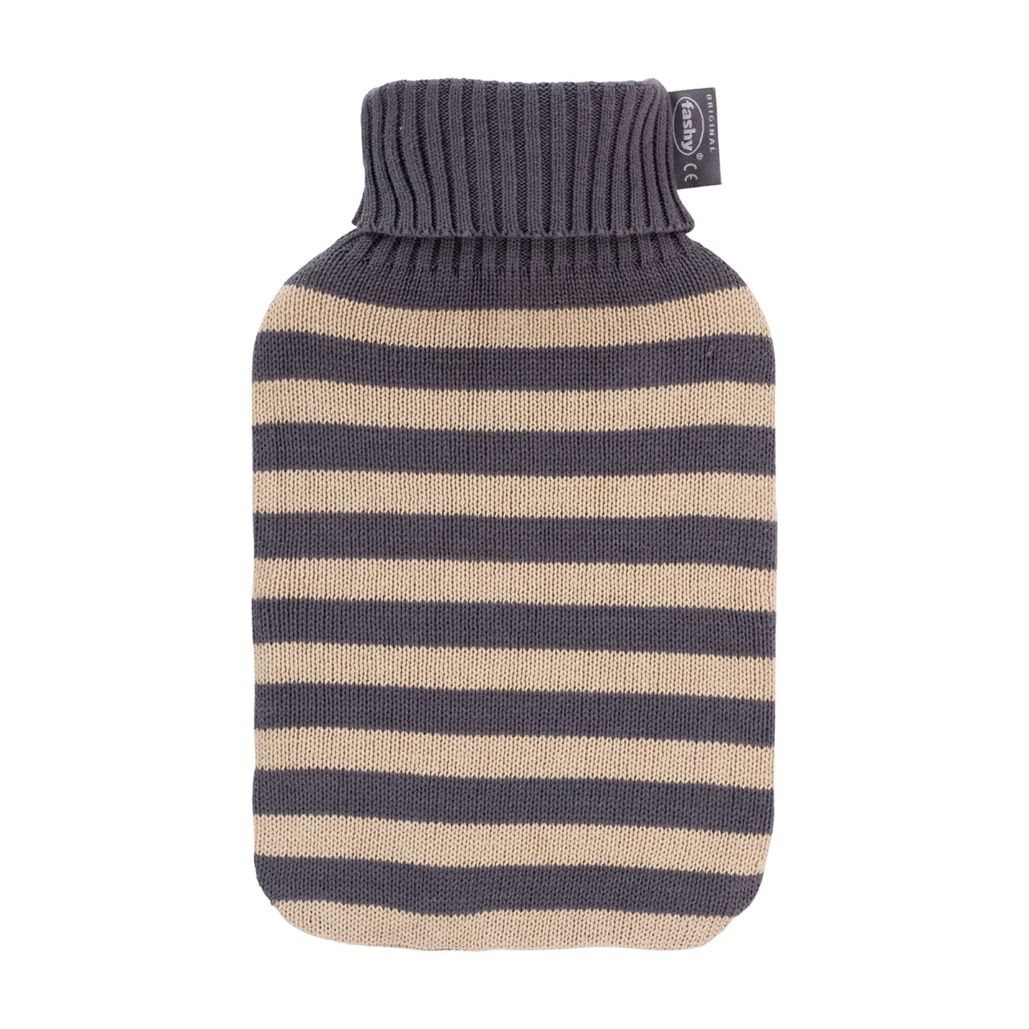 2 Litre Fashy Hot Water Bottle with Grey & Cream Stripe Turtle Neck Knitted Cotton Cover