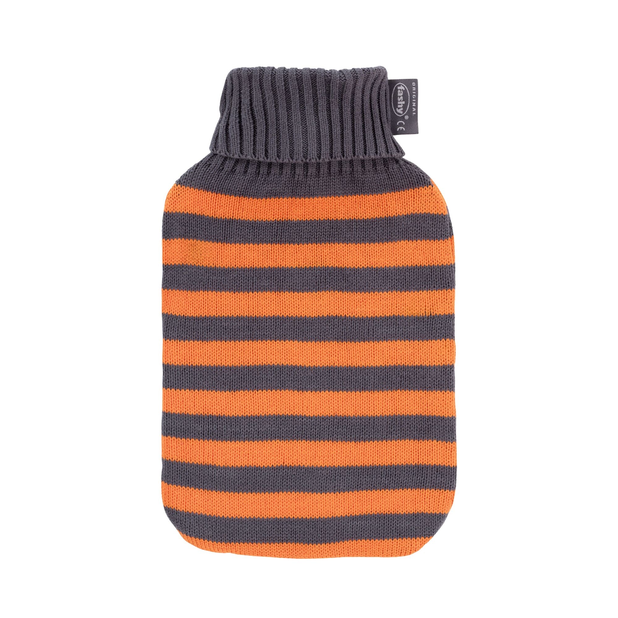 2 Litre Fashy Hot Water Bottle with Grey & Orange Stripe Turtle Neck Knitted Cotton Cover