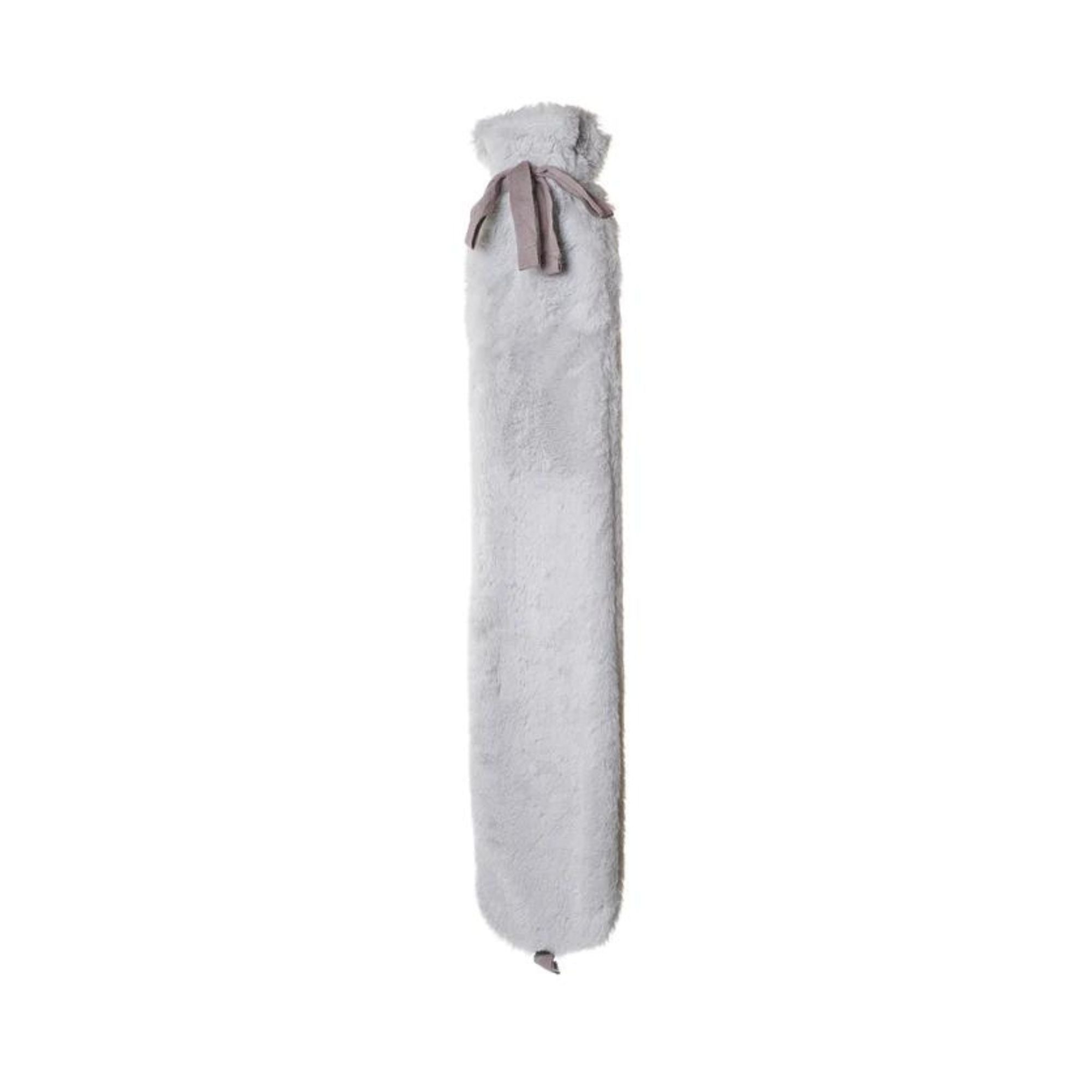 2 Litre Long Hot Water Bottle with Grey Faux Fur Cover and Ribbon Tie