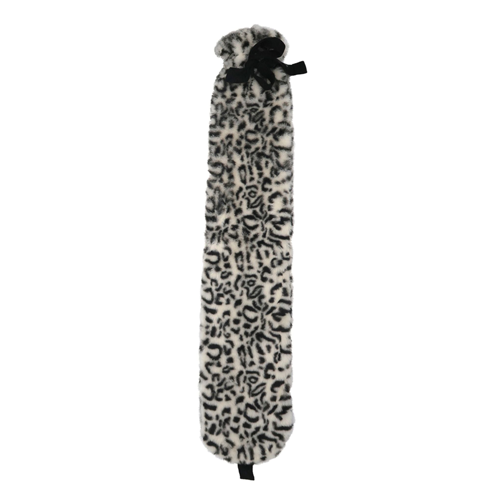 2 Litre Long Hot Water Bottle with Snowy Leopard Faux Fur Cover and Ribbon Tie