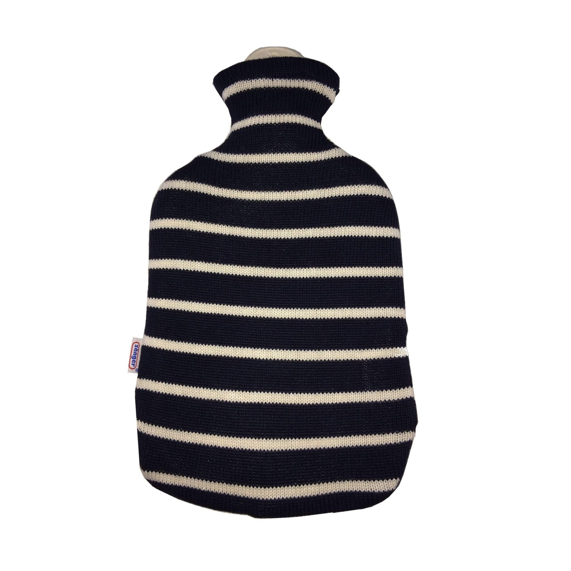 2 Litre Sanger Hot Water Bottle with Knitted Blue and White Stripe Cotton Cover