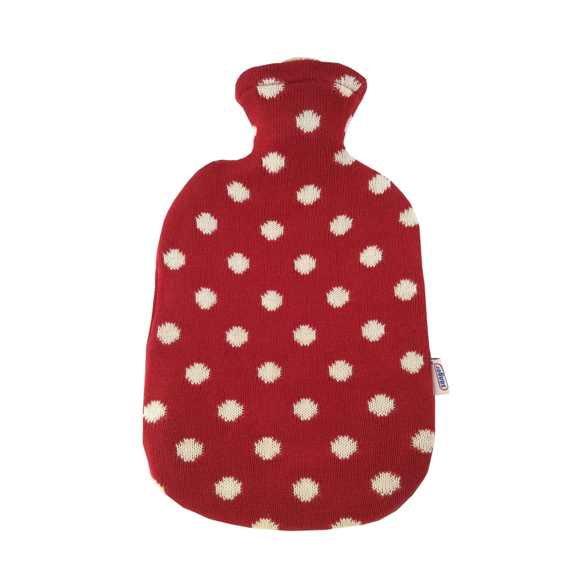 2 Litre Sanger Hot Water Bottle with Knitted Red Polka Dot Cotton Cover