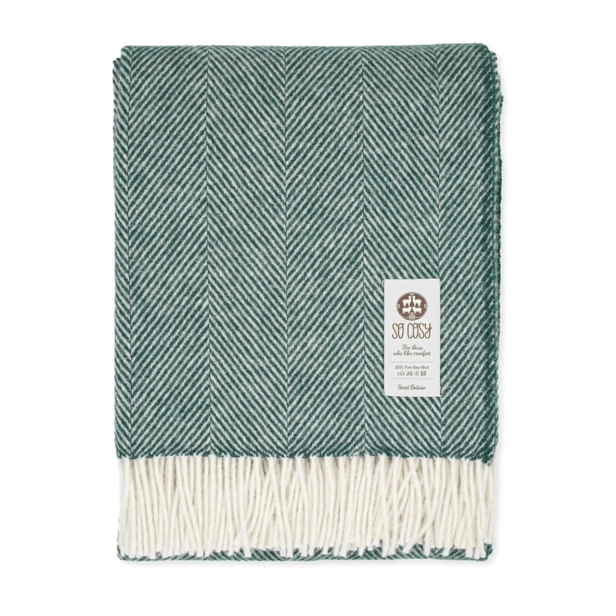 Eden Green and White Pure New Wool Herringbone Dani Throw (190cm x 130cm)