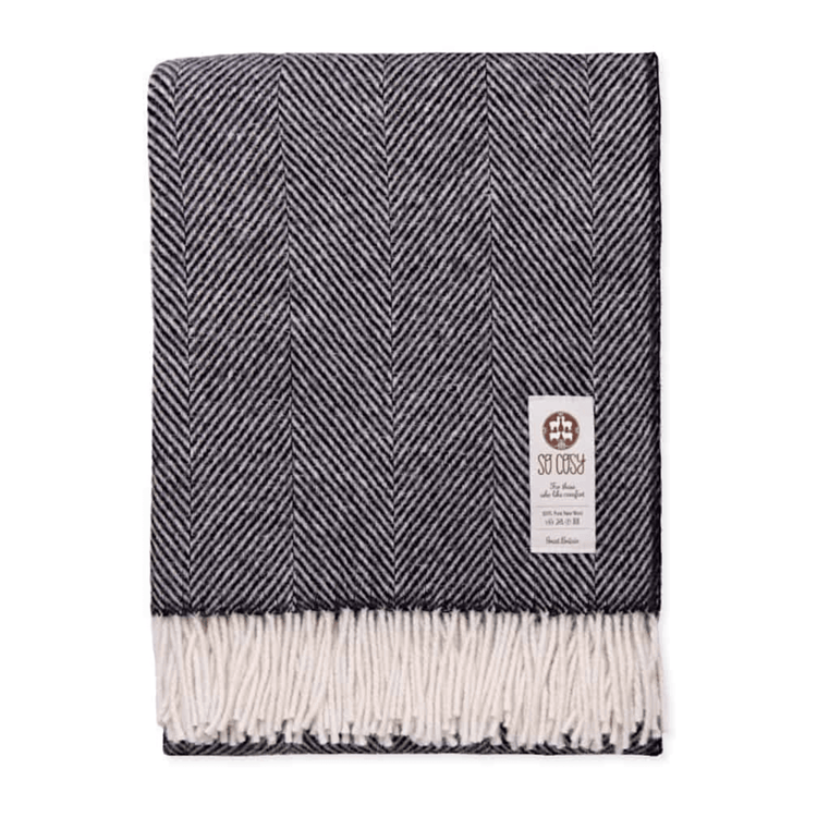 Pitch Black and White Pure New Wool Herringbone Dani Throw 190cm x 13