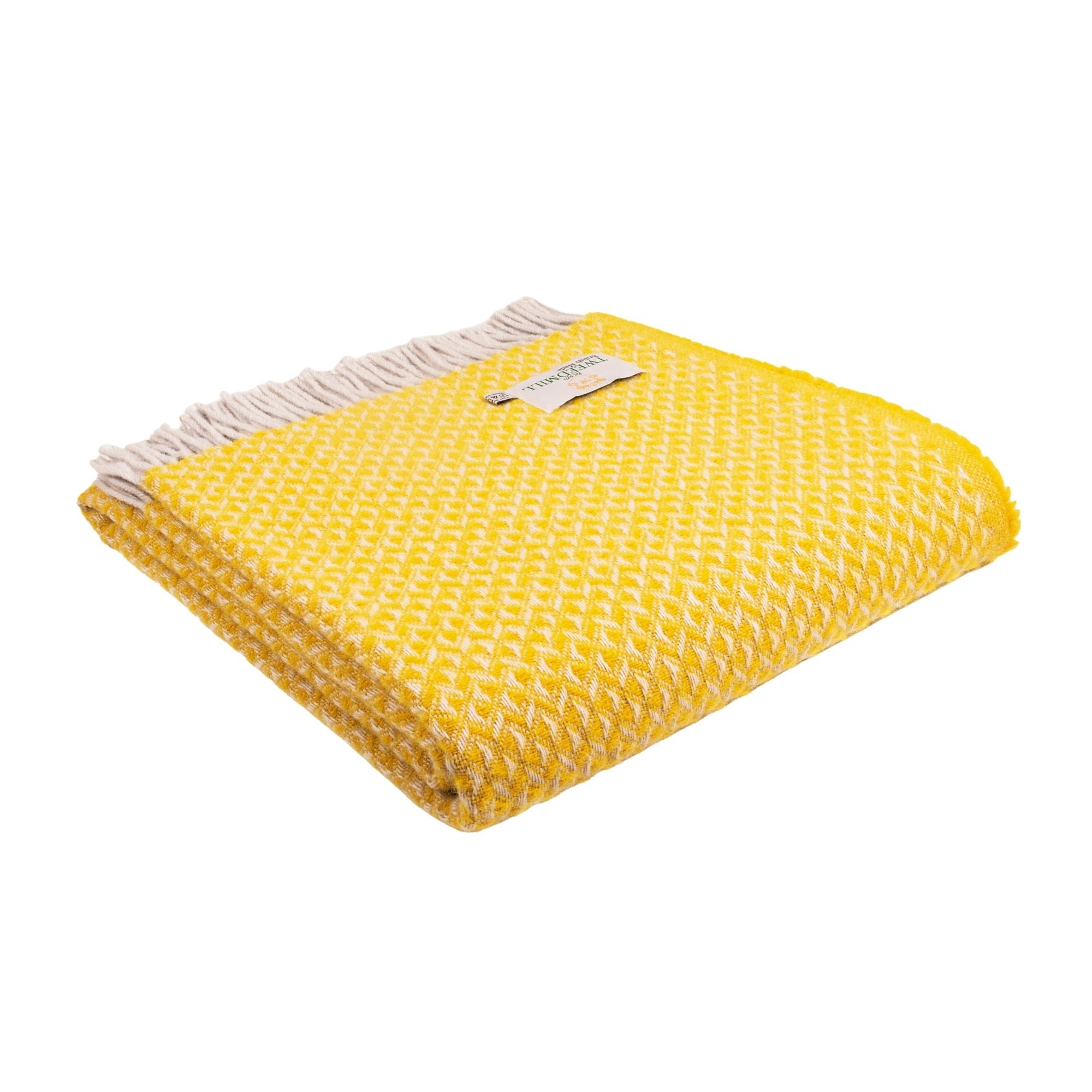 Yellow 100% Pure New Wool Diamond Throw Blanket (183cm x 140cm)