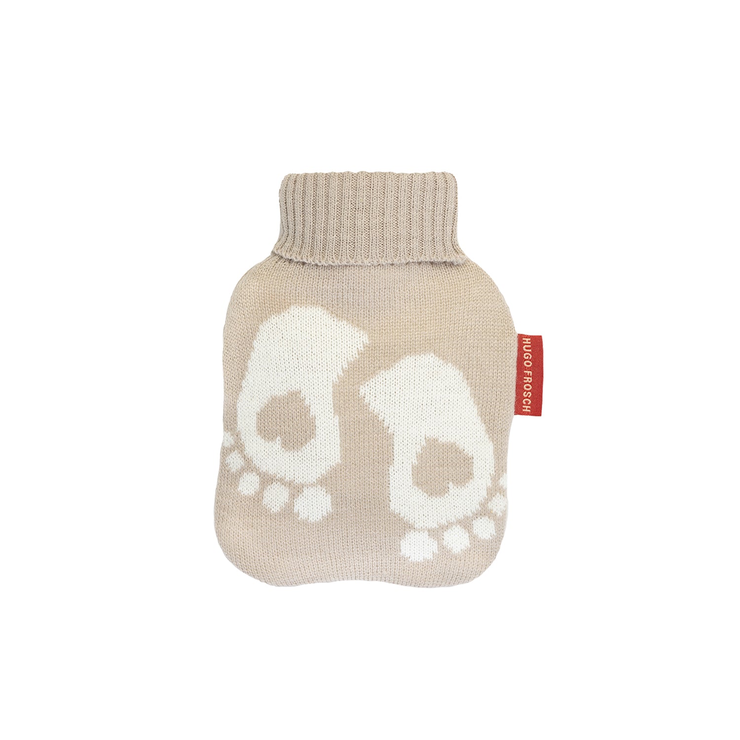 0.2 Litre Luxury Mini Hot Water Bottle with Baby Feet Pastel Brown Fine Knitted Cover (rubberless)