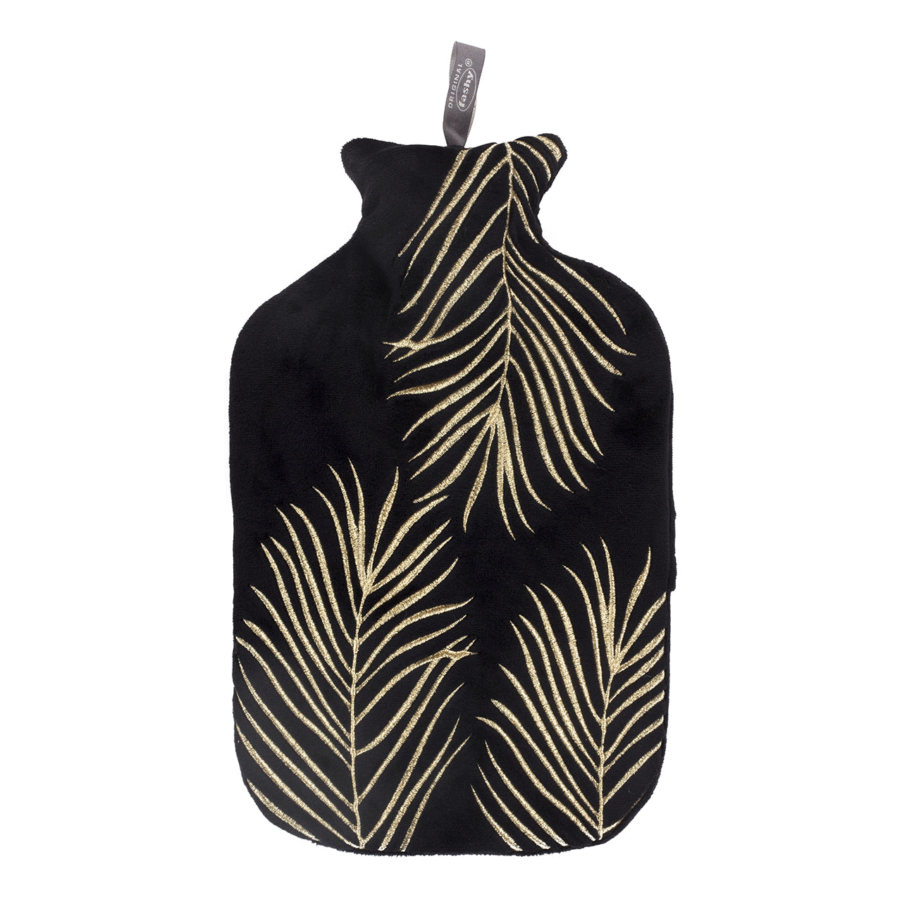 2 Litre Fashy Hot Water Bottle with Black and Gold Fern Fleece Cover