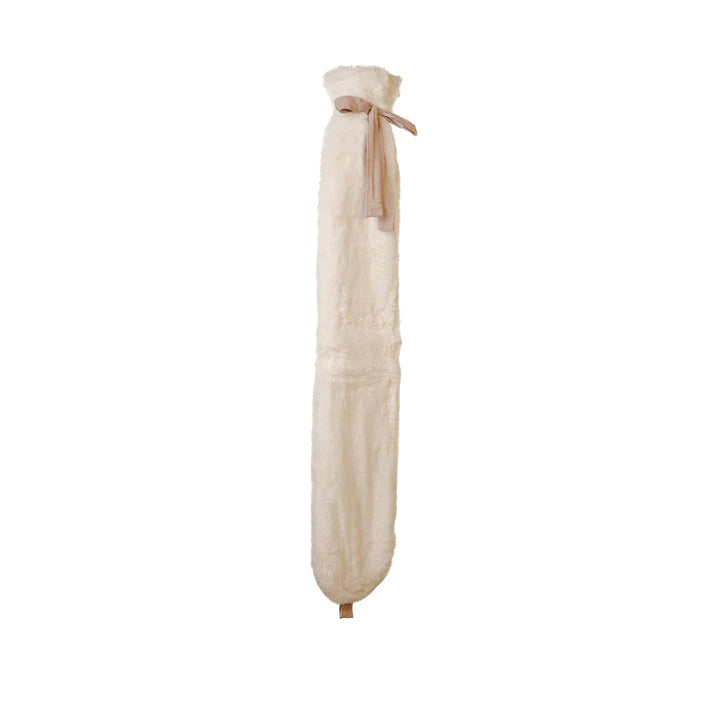 2 Litre Long Hot Water Bottle with Cream Faux Fur Cover and Ribbon Tie