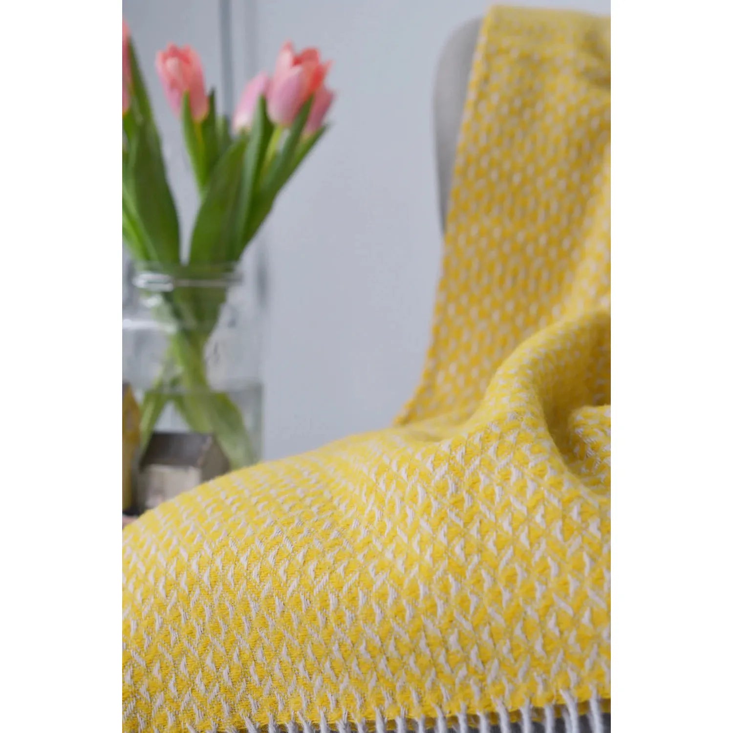 Yellow 100% Pure New Wool Diamond Throw Blanket (183cm x 140cm)