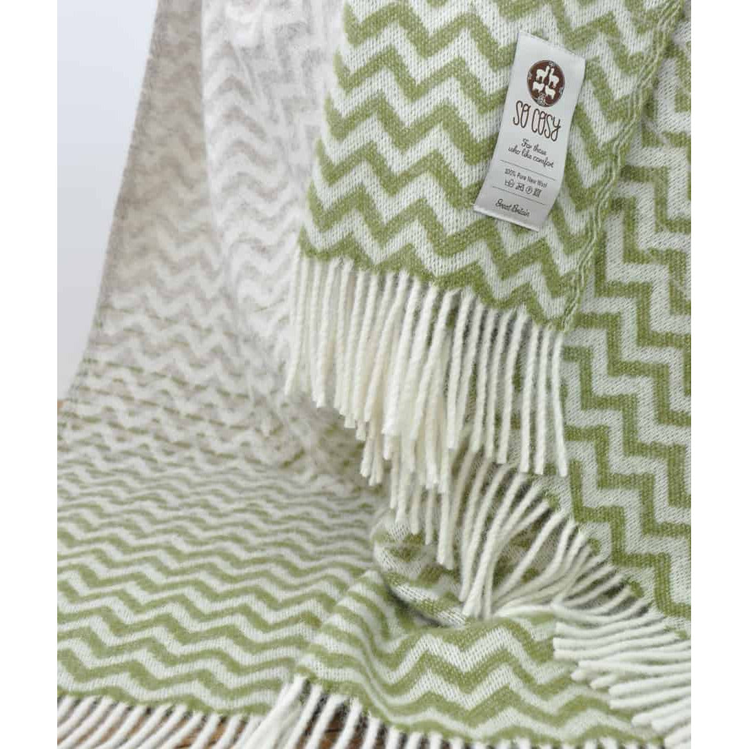 Apple Green and Brown Chevron Pattern Pure New Wool Jette Throw (190cm x 130cm)
